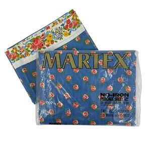 Vtg Martex Blue Floral Twin Fitted Sheet & Pillow Case Set No Iron Percale